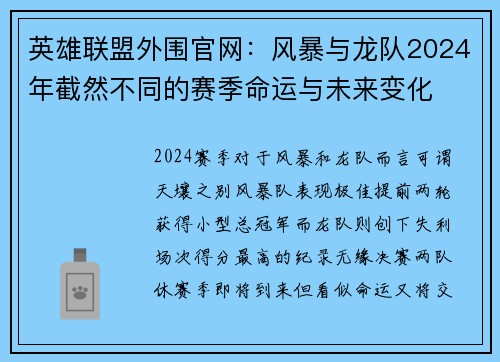 英雄联盟外围官网：风暴与龙队2024年截然不同的赛季命运与未来变化